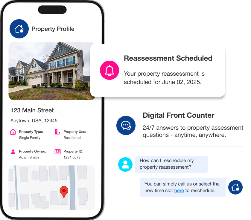 Qwhery PropertyConnect mobile app preview with property reassessment notification